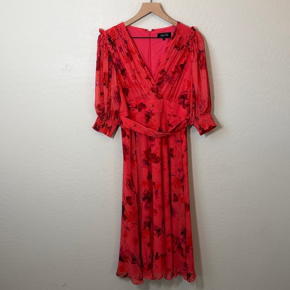 RICKIE FREEMAN FOR TERI JON Puff-Sleeve Shirred Surplice Chiffon Dress Size 8 - Picture 3 of 7